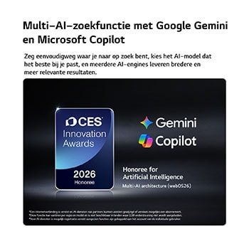 De CES Innovation Awards 2026-badge met eervolle vermelding in de categorie Kunstmatige Intelligentie erkent Multi-AI-zoekopdrachten met Google Gemini en Microsoft Copilot.