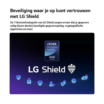 LG Shield, toegepast op LG QNED evo AI QNED86 Mini LED, wordt weergegeven met een LG Shield-logo in het midden, beveiligingspictogrammen onderaan en bovenaan een CES Innovation Awards 2026-badge met eervolle vermelding, die staat voor gegevens- en systeembescherming.