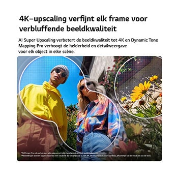 Een LG QNED evo AI QNED86 Mini LED met AI Picture Pro en Dynamic Tone Mapping Pro toont een lifestyle-scène in een openluchtomgeving vanuit een lage hoek, met twee personen tussen levendige bloemen. AI herkent elk beeld en schaalt het op naar 4K voor een duidelijkere textuur en meer details.