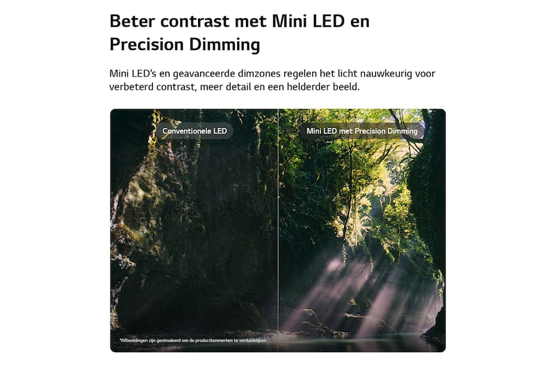LG QNED evo AI QNED86 Mini LED laat zien hoe Mini LED met Precision Dimming werkt in een gesplitste bosscène, waarbij conventionele LED wordt vergeleken met diepere zwarttinten en een verfijnder contrast terwijl het zonlicht door de bomen schijnt voor meer helderheid en diepte.
