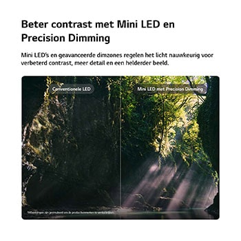 LG QNED evo AI QNED86 Mini LED laat zien hoe Mini LED met Precision Dimming werkt in een gesplitste bosscène, waarbij conventionele LED wordt vergeleken met diepere zwarttinten en een verfijnder contrast terwijl het zonlicht door de bomen schijnt voor meer helderheid en diepte.