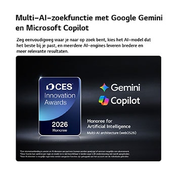 De CES Innovation Awards 2026-badge met eervolle vermelding in de categorie Kunstmatige Intelligentie erkent Multi-AI-zoekopdrachten met Google Gemini en Microsoft Copilot.