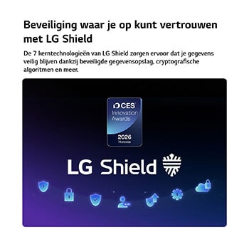 LG Shield, toegepast op LG QNED evo AI QNED86 Mini LED, wordt weergegeven met een LG Shield-logo in het midden, beveiligingspictogrammen onderaan en bovenaan een CES Innovation Awards 2026-badge met eervolle vermelding, die staat voor gegevens- en systeembescherming.