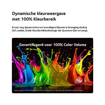 Een LG QNED evo AI QNED86 Mini LED met Dynamic QNED Color Pro vult het scherm met levendige, vloeiende uitbarstingen van veelkleurige, verfachtige bewegingen, waardoor de verbeterde kleurlevendigheid wordt getoond, gecertificeerd voor 100% kleurvolume.