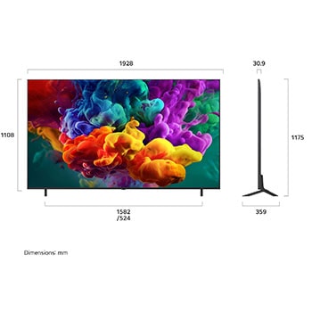 Een LG QNED evo AI QNED86 Mini LED, die je van voren en opzij kunt zien, heeft een 86 inch scherm dat 1928 mm breed is, 1108 mm hoog, 1175 mm hoog met standaard, een profieldiepte van 30,9 mm en een afmeting van de voet van de standaard van 1582/524 bij 359 mm.