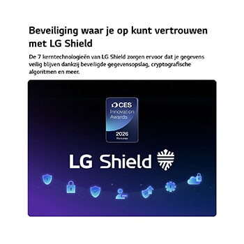 LG Shield, toegepast op LG QNED evo AI QNED86 Mini LED, wordt weergegeven met een LG Shield-logo in het midden, beveiligingspictogrammen onderaan en bovenaan een CES Innovation Awards 2026-badge met eervolle vermelding, die staat voor gegevens- en systeembescherming.