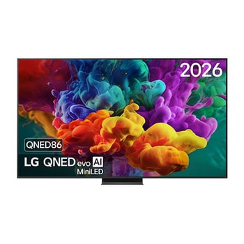 Het vooraanzicht van de LG QNED evo AI QNED86 Mini LED, uitgebracht in 2026, vult het scherm met levendige, vloeiende uitbarstingen van veelkleurige, verfachtige bewegingen, terwijl dichte wolken van kleur naadloos over het scherm versmelten.