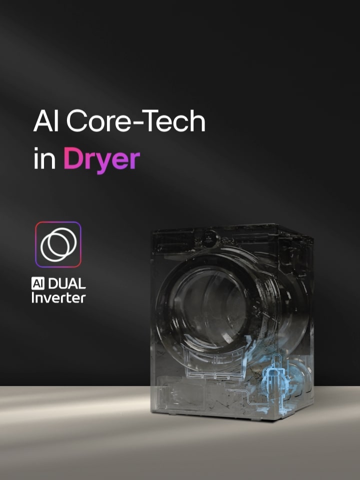 Er wordt een LG wasdroger getoond met een transparant beeld van de AI Dual Inverter-component, samen met de titel ‘AI Core-Tech in Dryer’ en het AI Dual Inverter-embleem, met een ‘D’ in het midden omringd door twee pijlen die een lus vormen, weergegeven tegen een donkere achtergrond met een roze en paarse rand.