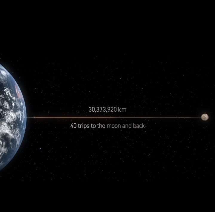 Aan de linkerkant toont de afbeelding de spoelen van de omvormer-DD-motor die van de aarde naar de maan zijn aangesloten, met een lengte van 30.373.920 km – voldoende voor 40 heen- en terugreizen. In het midden wordt getoond hoe de spoelen rond de omvormer-DD-motor worden gewikkeld. Aan de rechterkant is de AI Core-Tech-chipset aangesloten op een elektronisch paneel, met een paars licht dat naar buiten straalt.