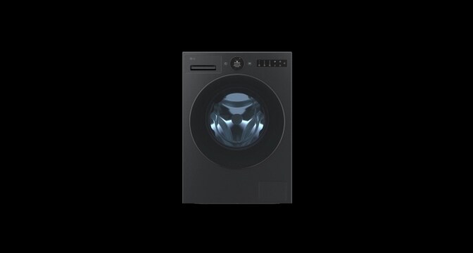 Er staat een LG-wasmachine centraal opgesteld met de voorkant naar de camera gericht, en de binnenverlichting van de trommel is ingeschakeld.