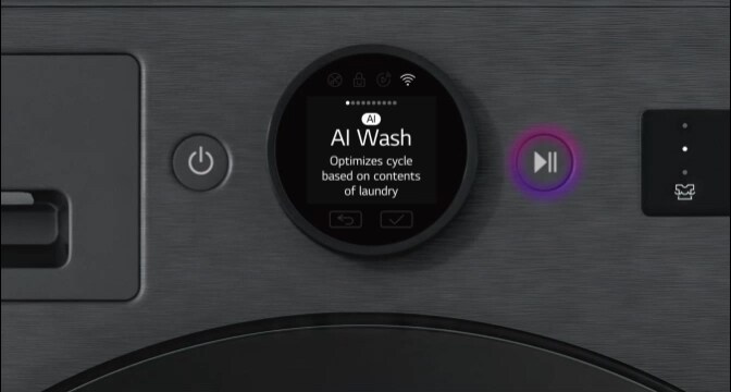 Een close-up van het bedieningspaneel van de LG wasmachine toont de bedieningsknoppen met een stralend effect.