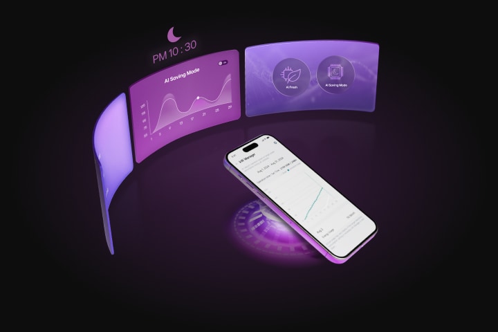 Smartphone waarop de LG ThinQ-app-analyses worden weergegeven met zwevende paarse interface-panelen met een grafiek van de AI-besparingsmodus en pictogrammen van functies