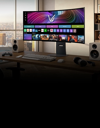 Een LG UltraGear™ 45gx90sa-gamingmonitor staat opgesteld op een bureau met een gamestoel in een moderne kamer.
