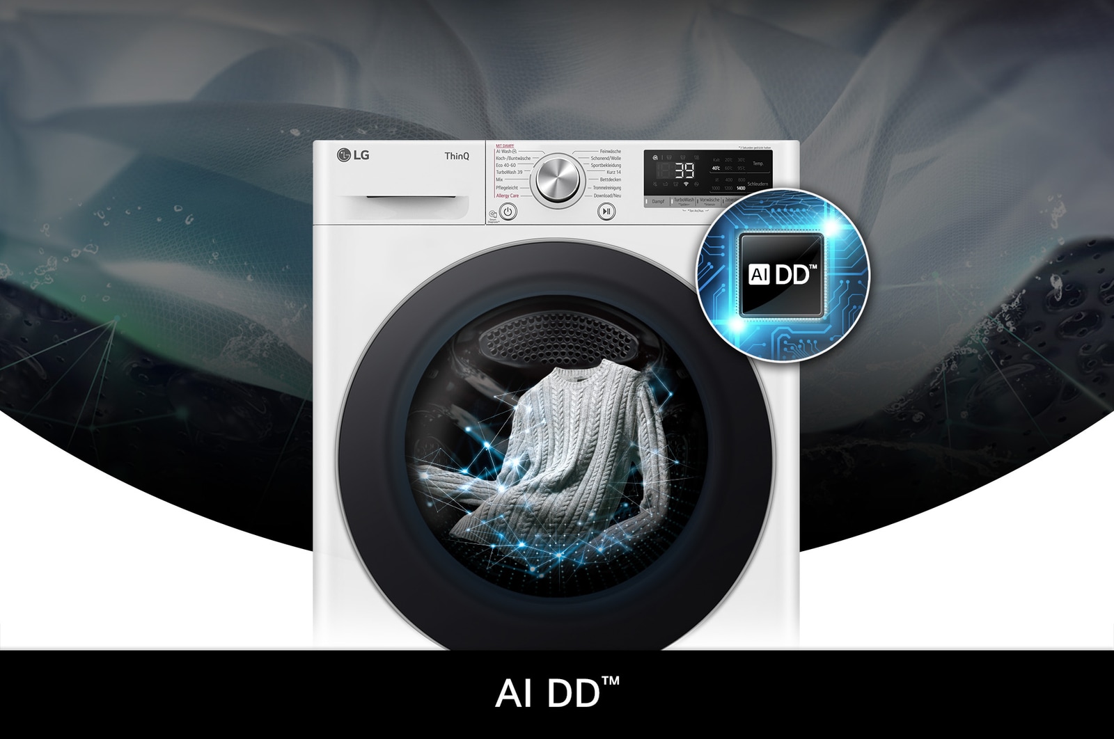 LG 9 kg  wasmachine GC3R709S1 in het wit, met AI DD®-technologie die op intelligente wijze de stof detecteert voor een optimale wasverzorging.