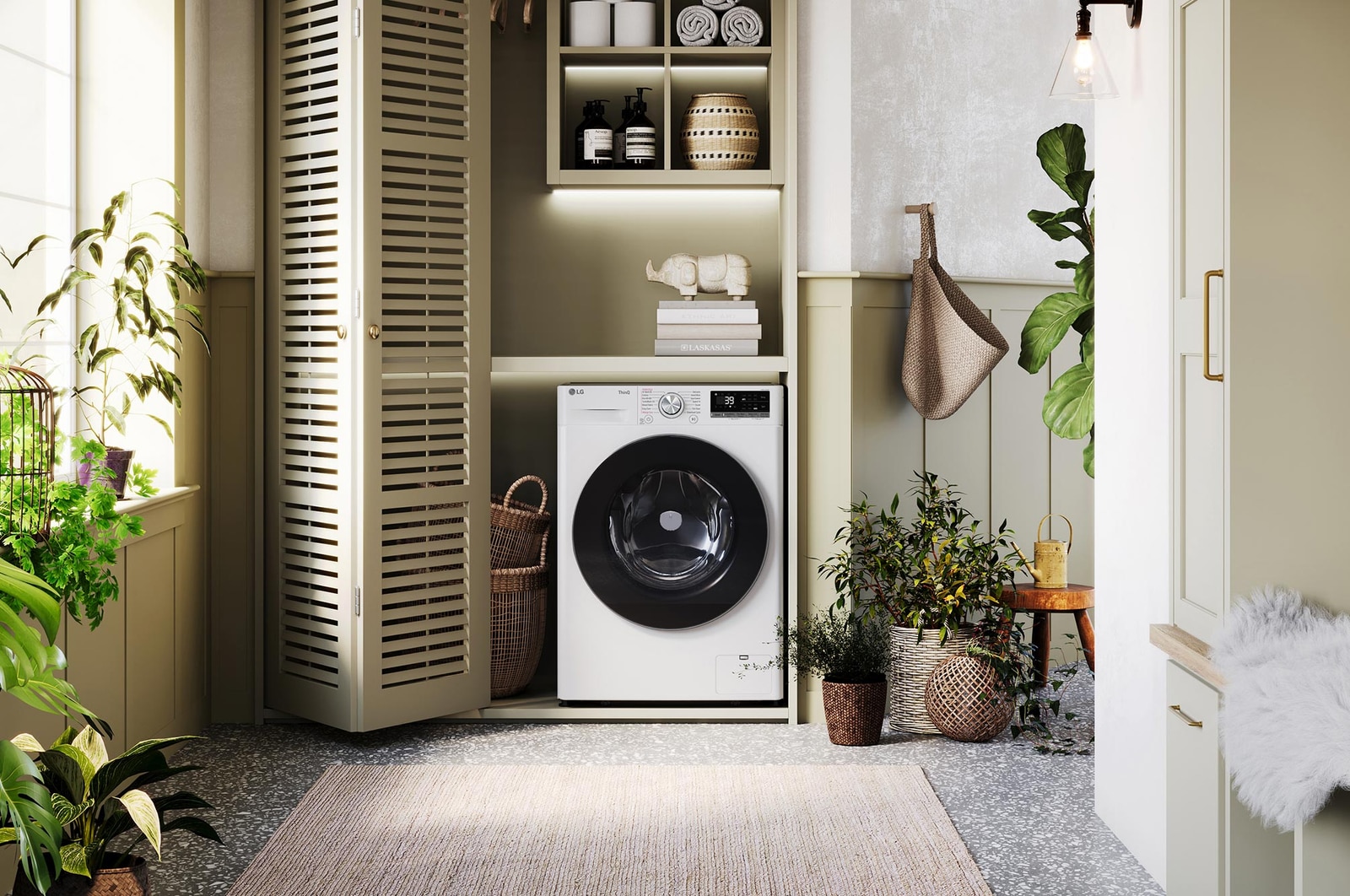 De witte LG 9 kg  wasmachine GC3R709S1 met zijn strakke design, netjes geïnstalleerd onder het aanrecht van een moderne wasruimte.