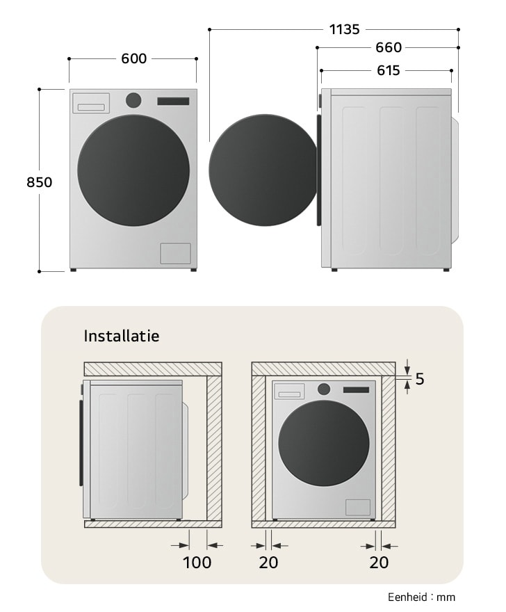 Technische tekening LG wasmachine: B 600, H 850, D 615 mm (deur open1135 mm), incl. installatieruimte.