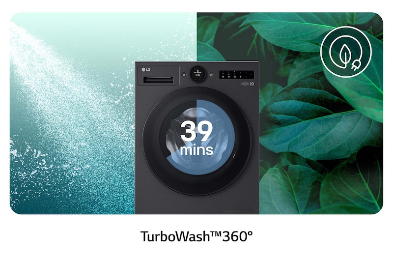 De LG 11 kg wasmachine F4WX801YB in Matte Black, met TurboWash®360°-technologie voor een grondige wasbeurt in slechts 39 minuten.