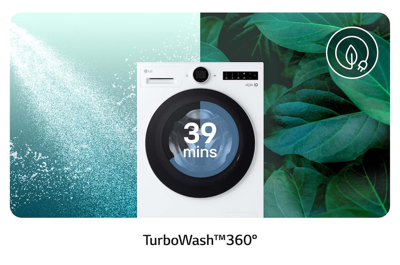 De LG 9 kg wasmachine F4WX801Y in het wit, met TurboWash®360°-technologie voor een grondige wasbeurt in slechts 39 minuten.