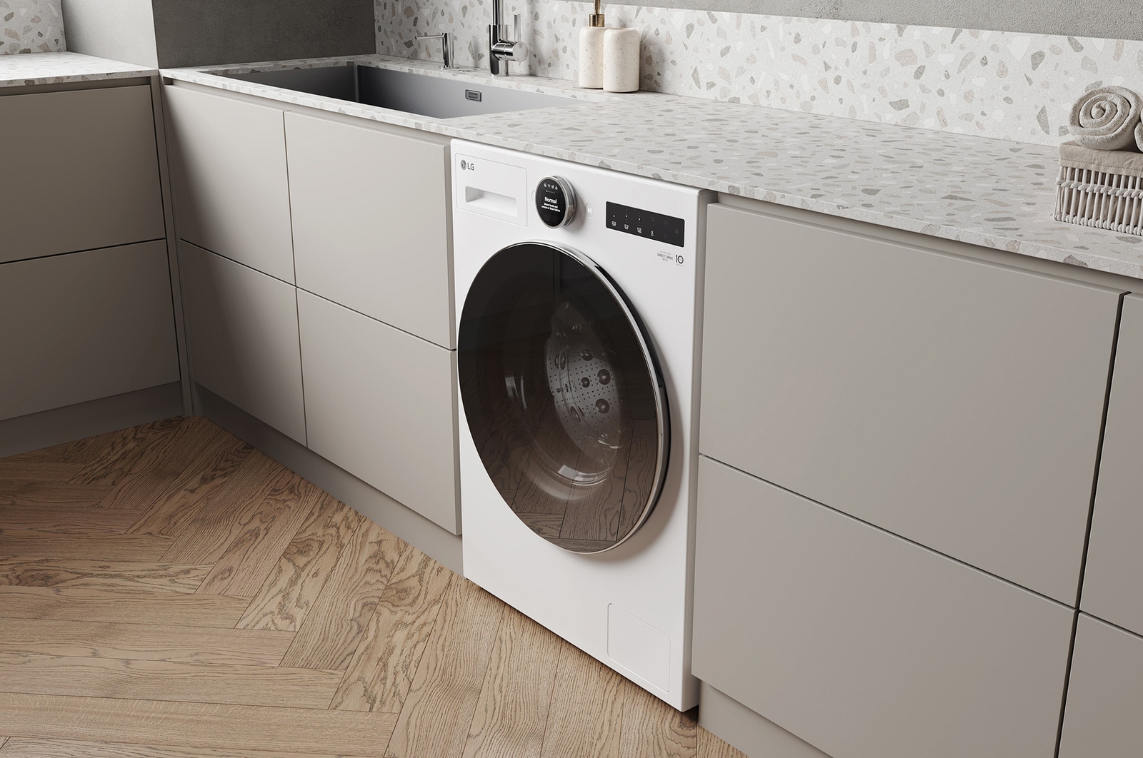 De witte LG 9 kg wasmachine F4WX801Y, geïnstalleerd in een moderne keuken om het strakke, geïntegreerde ontwerp te benadrukken.