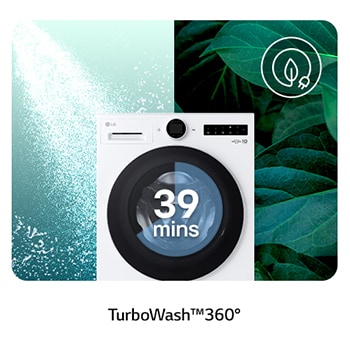 De LG 9 kg wasmachine F4WX801Y in het wit, met TurboWash®360°-technologie voor een grondige wasbeurt in slechts 39 minuten.