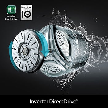 Close-up van de Inverter Direct Drive™-motor in de LG GC3R309S3 wasmachine, met de nadruk op het duurzame ontwerp en 10 jaar garantie.