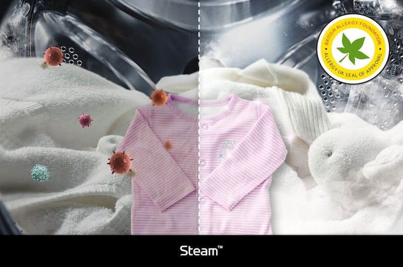 LG's Steam™-technologie in de F4DR9537S2W-wasmachine, die de werking op het verminderen van allergenen toont, gecertificeerd door de BAF.
