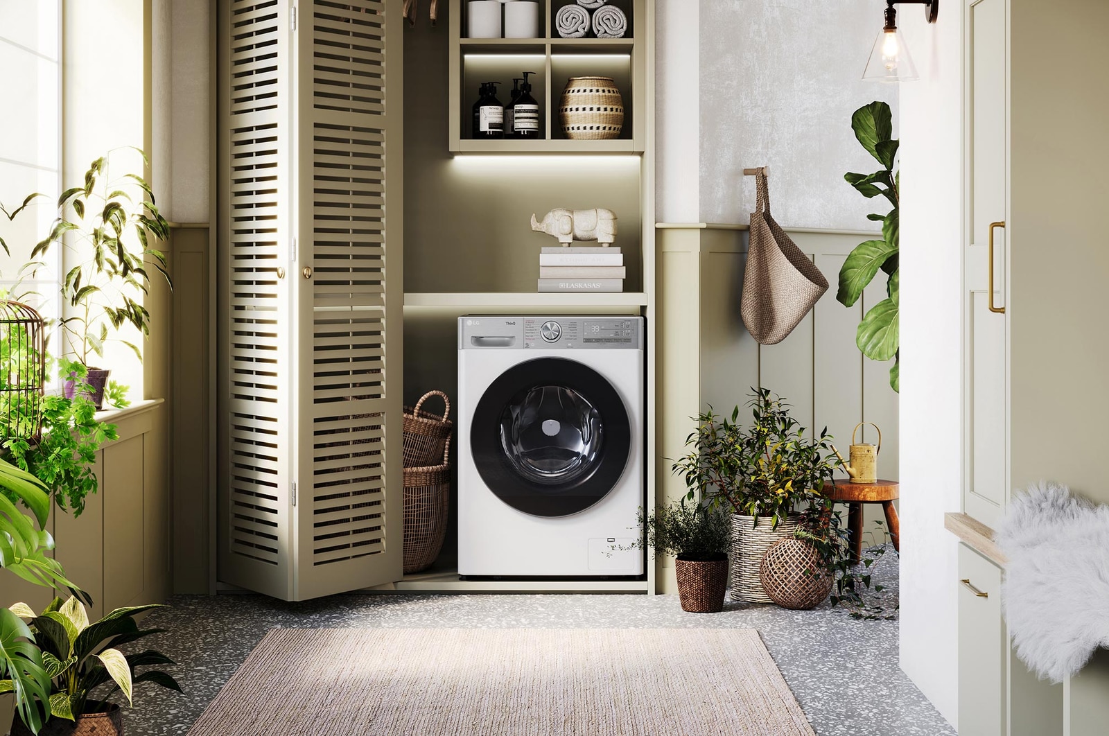De witte LG 13 kg  wasmachine F4DR9537S2W met zijn strakke design, netjes geïnstalleerd onder het aanrecht van een moderne wasruimte.