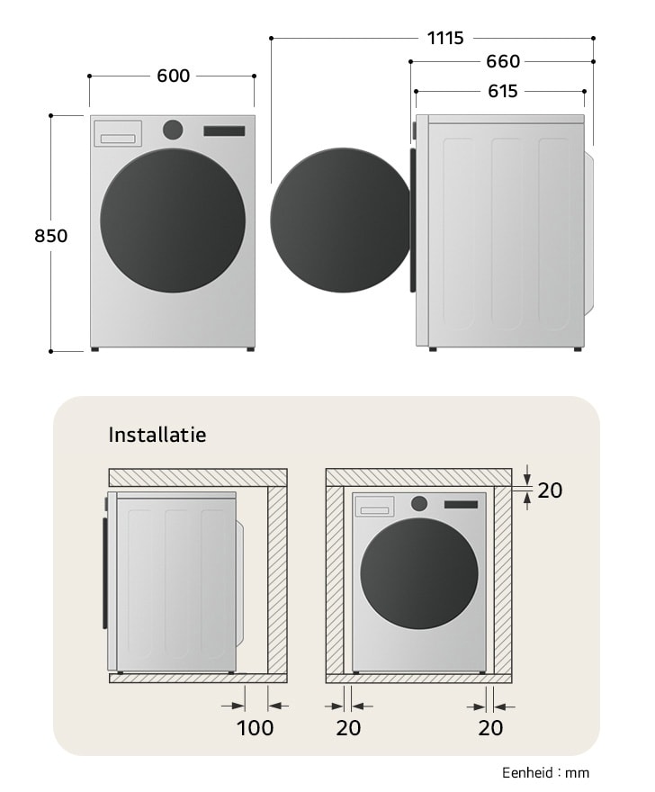 Technische tekening van de LG droger: B 600, H 850, D 615 mm (deur open 1115 mm), incl. installatieruimte.