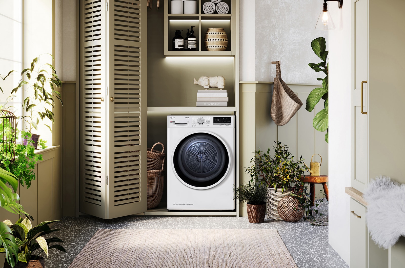 De witte LG 9 kg droger RH90V5AV6N, met een opvallende zwarte patrijspoortring, geïnstalleerd in een stijlvolle, moderne wasruimtekast.