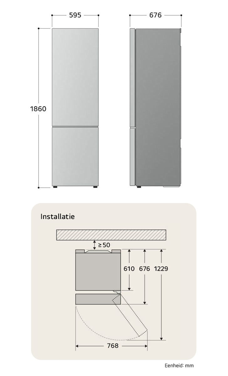 LG Bottom Freezer Koelkast technische tekening: H 1860, B 595, D 676 mm, toont inbouwmaten en vereiste $\ge$50 mm wandafstand.