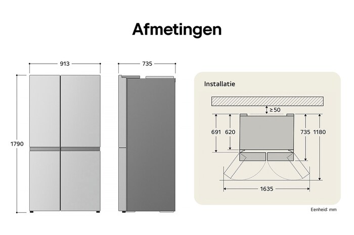 LG Side-by-Side Koelkast GSLC41EPPE toont de gedetailleerde inbouwafmetingen en productgrootte, met een hoogte van 1790 mm, breedte van 913 mm en diepte van 735 mm.
