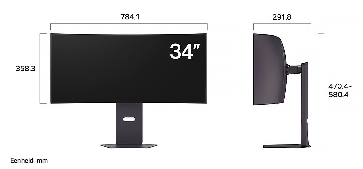 LG Monitor 34GX900A in een donkere uitvoering toont productafmetingen van het gebogen scherm, met een meting van 784.1 mm breedte, 358.3 mm displayhoogte, 470.4~580.4 mm totale hoogte en 291.8 mm diepte.