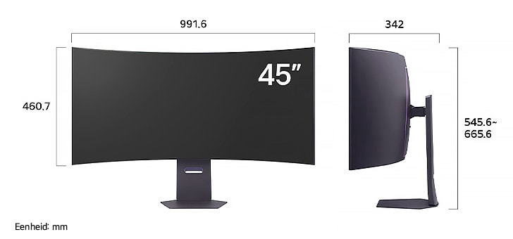 LG Monitor 45GX950A in een donkere uitvoering toont productafmetingen van het 45-inch gebogen scherm, met een meting van 991.6 mm breedte, 460.7 mm displayhoogte, 545.6~665.5 mm totale hoogte en 342 mm diepte.