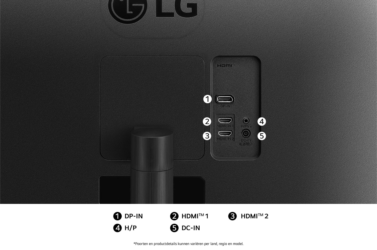 Achteraanzicht van de LG Monitor 34WR50QK in een zwarte uitvoering, toont de poortspecificaties met DP-IN, twee HDMI™-poorten, H/P-poort en de DC-IN stroomingang.