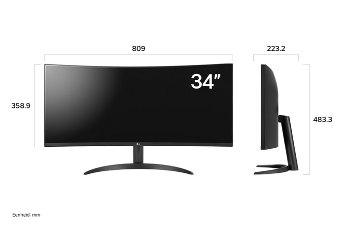 LG Monitor 34WR50QK in een zwarte uitvoering toont productafmetingen in voor- en zijprofiel, met een meting van 809 mm breedte, 358.9 mm displayhoogte, 483.3 mm totale hoogte en 223.2 mm diepte.