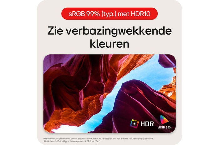 LG Monitor 34WR50QK maakt het zien van indrukwekkende kleuren mogelijk dankzij HDR10 ondersteuning en 99% sRGB (Typ.) kleurruimte dekking.