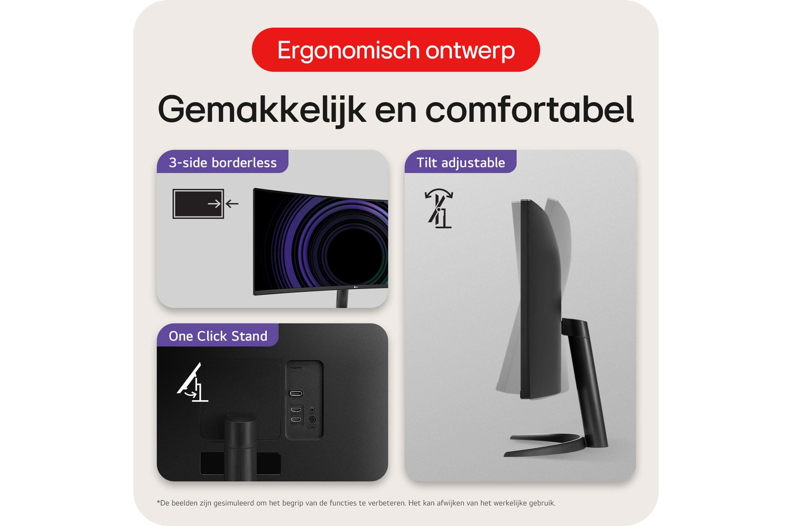 LG UltraWide Monitor 34WR50QK-B toont ergonomisch ontwerp: **3-zijdig randloos**, **kantelbare** standaard en **One Click Stand** voor optimaal comfort en eenvoudige montage.