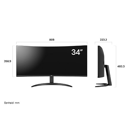 LG Monitor 34WR50QK in een zwarte uitvoering toont productafmetingen in voor- en zijprofiel, met een meting van 809 mm breedte, 358.9 mm displayhoogte, 483.3 mm totale hoogte en 223.2 mm diepte.