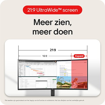 LG Monitor 34WR50QK toont het 21:9 UltraWide™ Scherm, dat meer schermruimte biedt voor multitasking en uitgebreide functies.