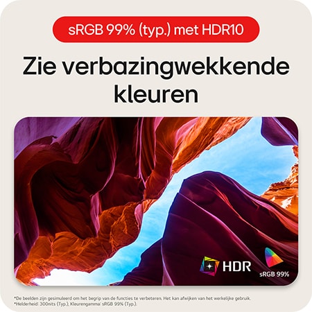 LG Monitor 34WR50QK maakt het zien van indrukwekkende kleuren mogelijk dankzij HDR10 ondersteuning en 99% sRGB (Typ.) kleurruimte dekking.
