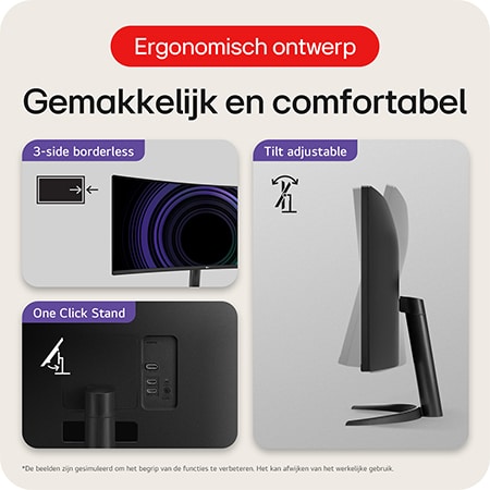 LG UltraWide Monitor 34WR50QK-B toont ergonomisch ontwerp: **3-zijdig randloos**, **kantelbare** standaard en **One Click Stand** voor optimaal comfort en eenvoudige montage.