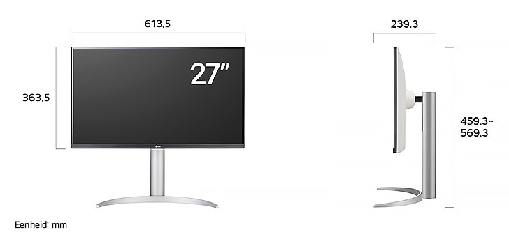 LG Monitor 27UP850K in een witte/zilveren uitvoering toont productafmetingen van het 27-inch scherm, met een meting van 613.5 mm breedte, 363.5 mm displayhoogte, 459.3~569.3 mm totale hoogte en 239.3 mm diepte.
