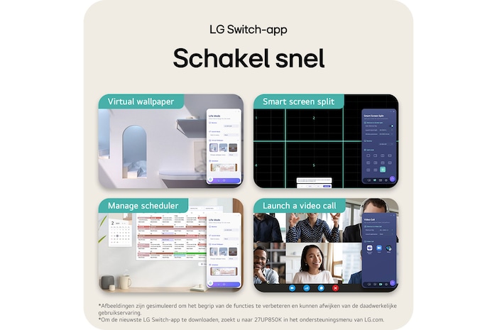 LG Monitor 27UP850K toont de snelle schakelmogelijkheden van de LG Switch App tussen virtueel behang, slimme schermsplitsing, plannerbeheer en videogesprekken.
