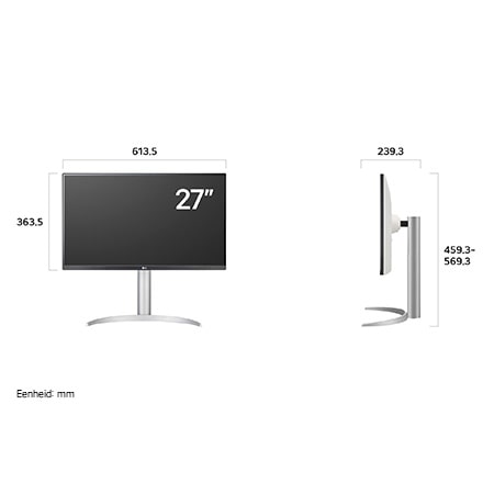 LG Monitor 27UP850K in een witte/zilveren uitvoering toont productafmetingen van het 27-inch scherm, met een meting van 613.5 mm breedte, 363.5 mm displayhoogte, 459.3~569.3 mm totale hoogte en 239.3 mm diepte.
