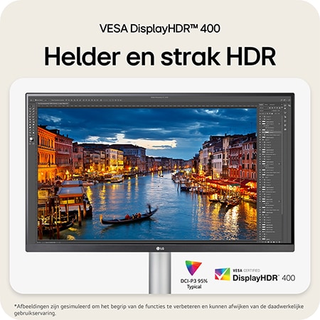 LG Monitor 27UP850K levert helder en fel HDR met VESA DisplayHDR™ 400 certificering en 95% DCI-P3 kleurengamma voor nauwkeurige fotobewerking.