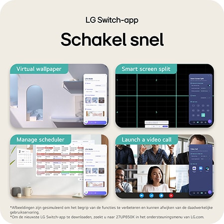 LG Monitor 27UP850K toont de snelle schakelmogelijkheden van de LG Switch App tussen virtueel behang, slimme schermsplitsing, plannerbeheer en videogesprekken.