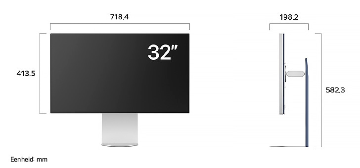 LG UltraFine™ Monitor 32U990A toont productafmetingen in voor- en zijprofiel, met een meting van 718.4 mm breedte, 413.5 mm displayhoogte, 582.3 mm totale hoogte en 198.2 mm diepte.