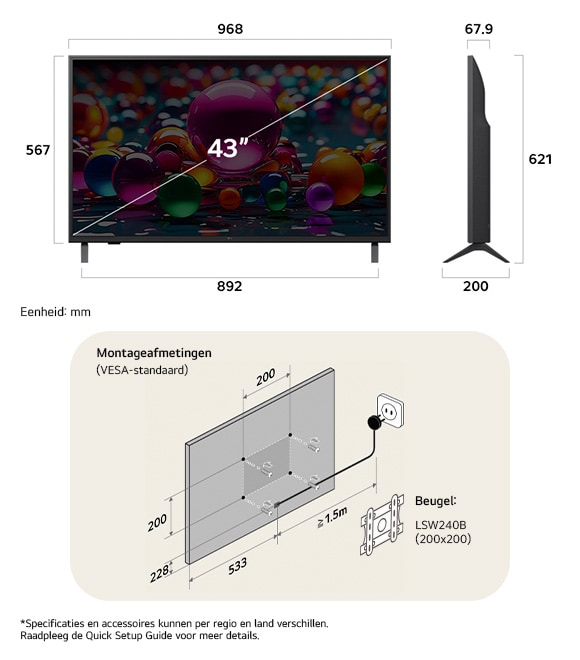 Afmetingsweergave van LG UHD AI 4K UA75 43-inch, 968×621×200 mm, panel 67.9 mm, VESA 200x200.