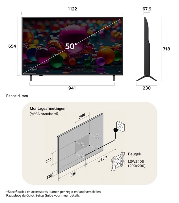 Afmetingsweergave van LG UHD AI 4K UA75 50-inch, 1122×718×230 mm, panel 67.9 mm, VESA 200x200.