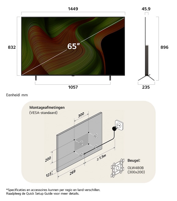 Afmetingsweergave van LG OLED AI B5 4K 65-inch, 1449×896×235 mm, panel 45.9 mm, VESA 300x200.